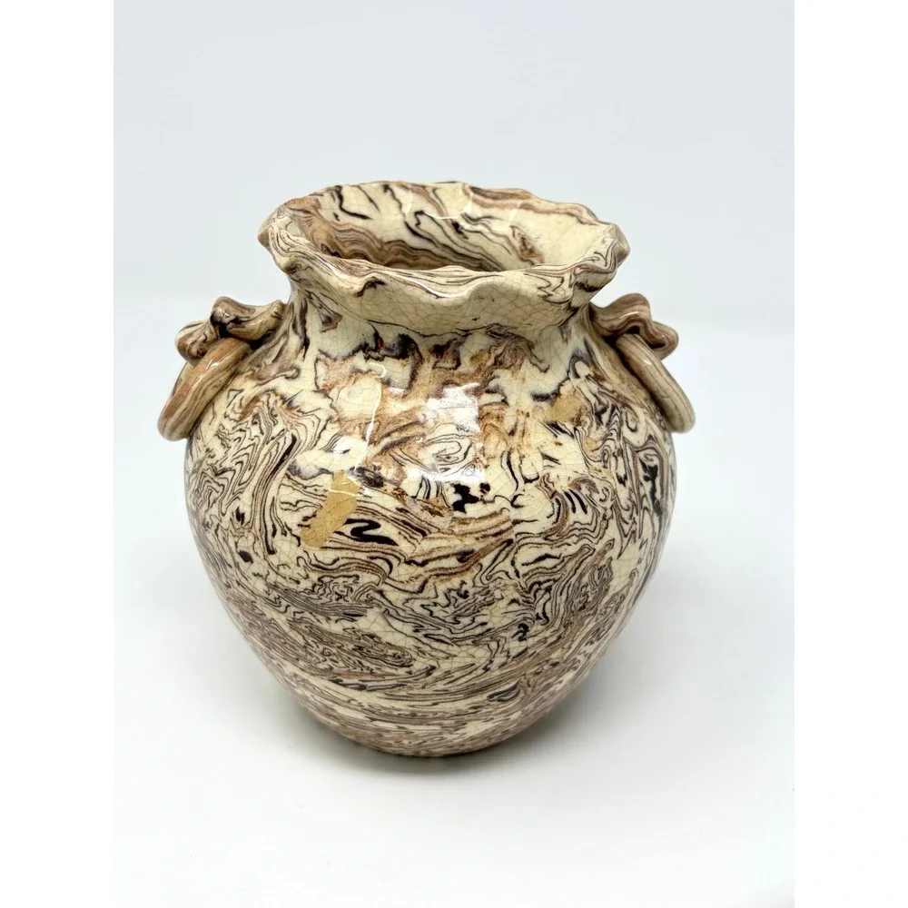 Japanese Nerikomi Neriage Marbled Agateware Pottery Vase with Ring Handles